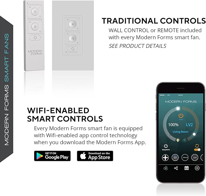 Modern Forms Skylark Indoor and Outdoor 3-Blade 54in Smart Flush Mount Ceiling Fan Matte White with 2700K-3000K-4000K-5000K Selectable LED Light Kit and Remote Control works with iOS or Android App