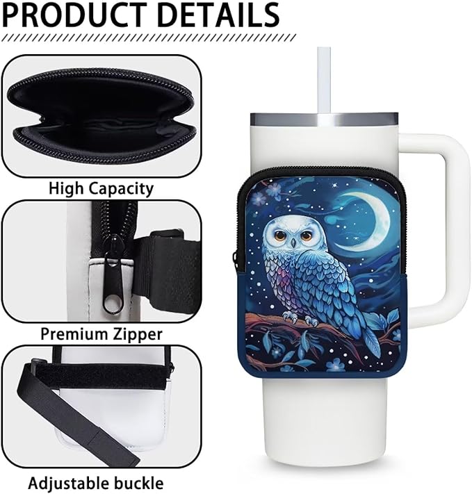 Owl Moon Stanley Cup Pouch with Adjustable Strap Water Bottle Storage Bag 20oz-40oz IceFlow Tumbler Pouch for Stanley Accessories