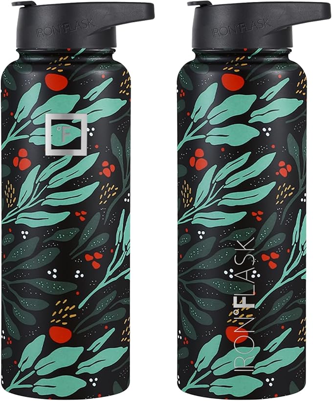 IRON °FLASK Sports Water Bottle - Wide Mouth with 3 Lids (Straw Lid) - Stainless Steel Gym & Outdoor Bottles for Men, Women & Kids - Double Walled, Insulated Thermos, Metal Canteen - Lush Leaf, 40 Oz