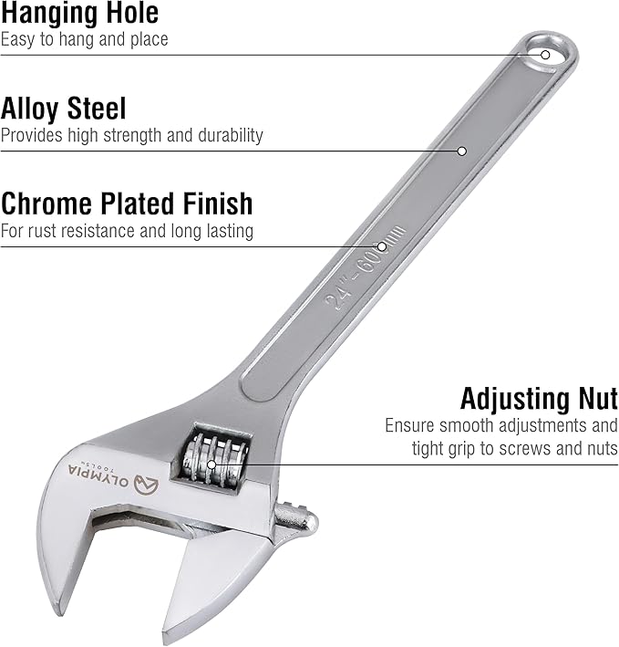 Olympia Tools 24" Adjustable Wrench, Heavy Duty Drop Forged Steel, Chrome Plated, Precision Machined Jaws, Rust Resistant