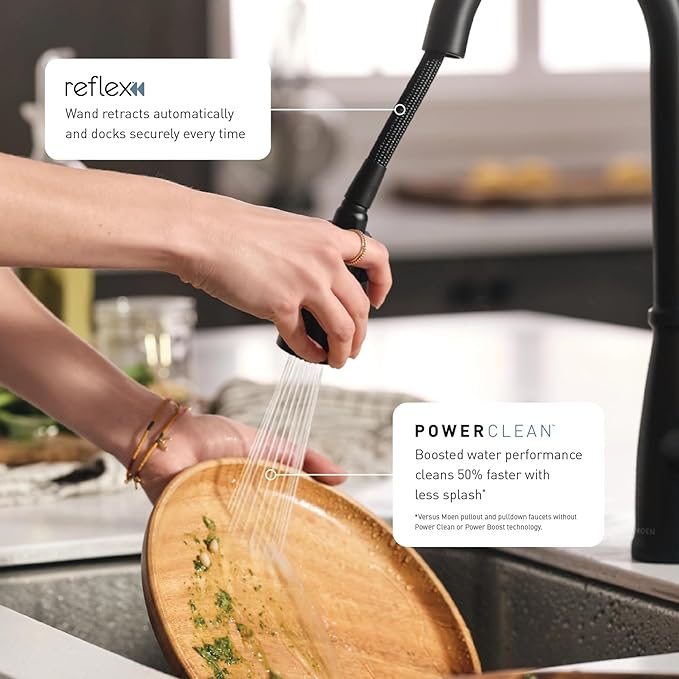 Moen Haelyn Matte Black Touchless Single-Handle Pull-Down Sprayer Kitchen Faucet with Soap Dispenser, Features Power Clean for a Faster Wash, 87627EWBL
