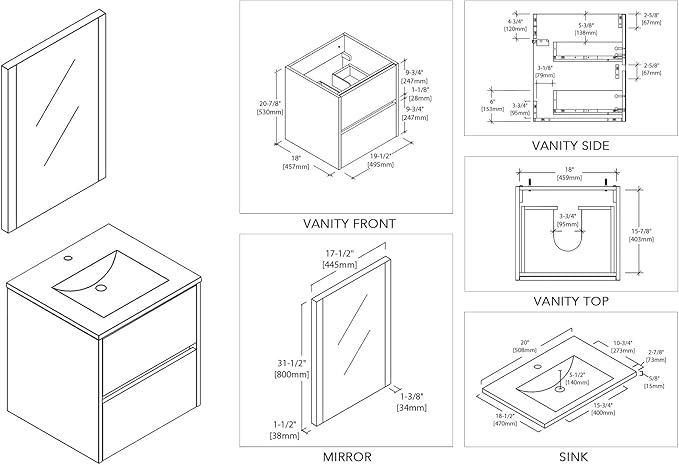 Blossom Valencia 20" Inches Single Bathroom Vanity with Ceramic Sink and Mirror, Glossy White All Wood Floating Bathroom Vanity with Sink, Mirror 016 20 01 M