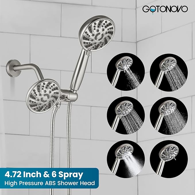 gotonovo Dual 2 in 1 Shower Head Kit High Pressure Combo System Shower Faucet 6 Modes ABS Handheld Spray Shower Trim Kit with Valve Shower Head and Handle Set Brushed Nickel