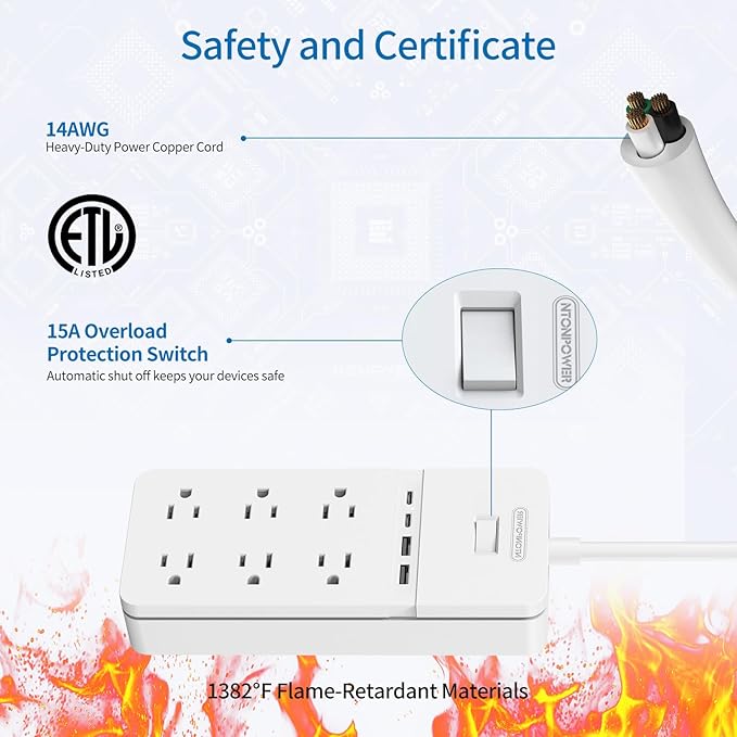 NTONPOWER 2 Prong Power Strip with 10ft Extension Cord, 2100J Surge Protector 1875W with 6 Outlets 4 USB Ports (2 USB C), 3 Prong Outlet Adapter, Wall Mount for Non-Grounded Plug, Ideal for Old House