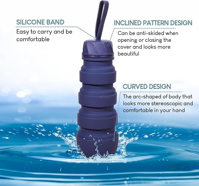 FOLDABLE SILICONE SPORTS WATER BOTTLE BPA FREE FOR WOMEN MEN 550ML CAMPING HIKING OUTDOOR SPORTS DRINKWARE/COLOR BLUE