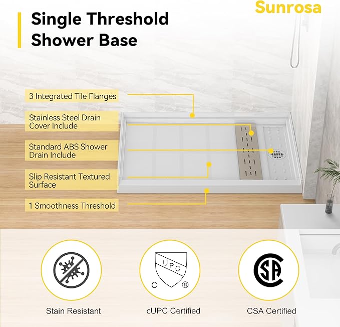 Sunrosa Shower Base 48"×36"×4", Single Threshold Shower Bases with Right Drain, Rectangle Solid Surface White Shower Pan, Slip Resistant Textured Surface, Include Stainless Steel Chrome Cover