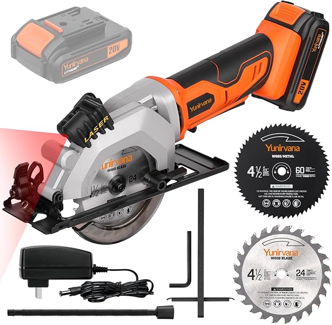 Mini Circular Saw, 20V 3400RPM Professional Cordless Circular Saw, Adjustable Angle and Depth,Max Cutting Depth 1-2/3"(90°), 1-1/8"(45°), Laser Guide, Rip Guide