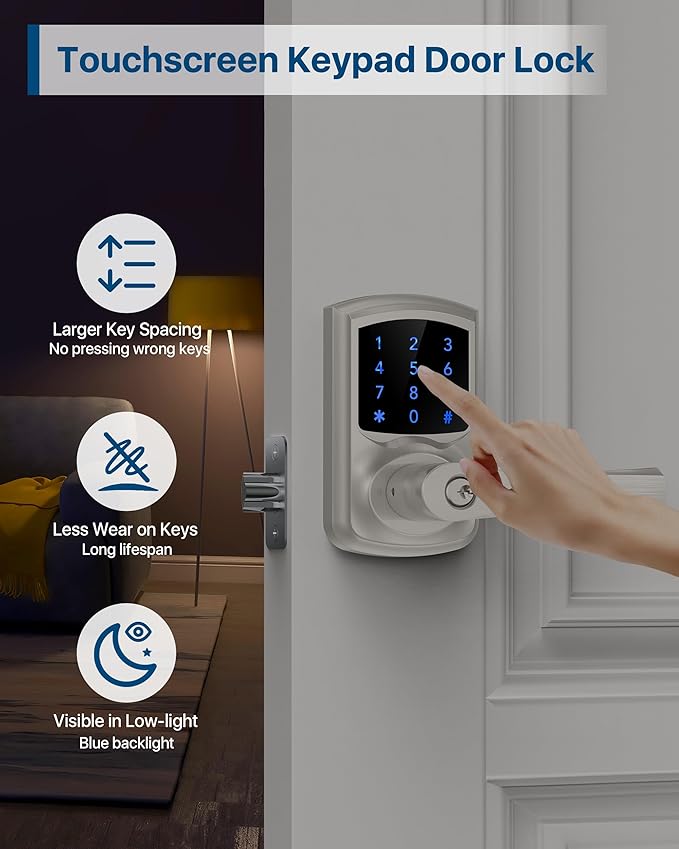 HIDALIFE Keyless Entry Door Lock, Keypad Door-Lock with Handle, Touchscreen, Auto-Locking, Anti-peep Password, Easy to Install for Front Doors, Home, Office, Satin Nickel 2 Pack