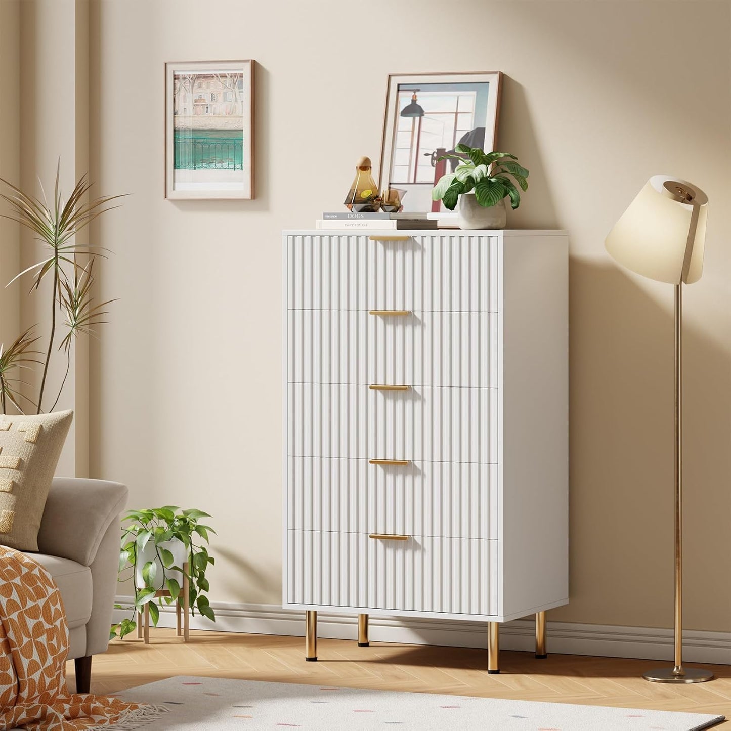 GarveeHome Fluted 5 Drawer Dresser for Bedroom, 47.2" Tall Modern Chest of Drawers with Deep Drawers and Wide Top, Wooden Dresser Organizer for Living Room, Hallway, Kids Room, White
