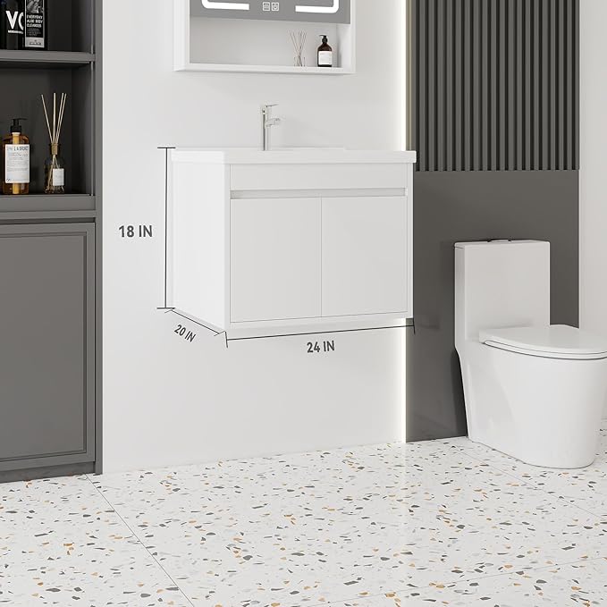 24'' Bathroom Vanity with Ceramic Sink Combo, Wall Mounted Small Bathroom Vanity with Soft-Close Door Modern Floating Cabinet, Pop-up Drain, P-Trap Included, White(No Faucet)