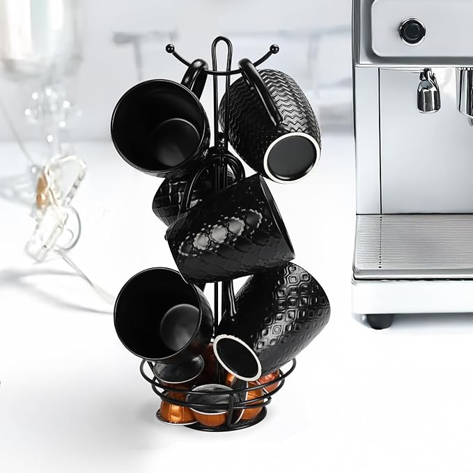 16 OZ Bone Coffee Mugs Set of 6 Matte Black, Large Ceramic Coffee Mugs Set with Different Texture Patterns, Porcelain Cups with Handle for Espresso Latte Tea Milk