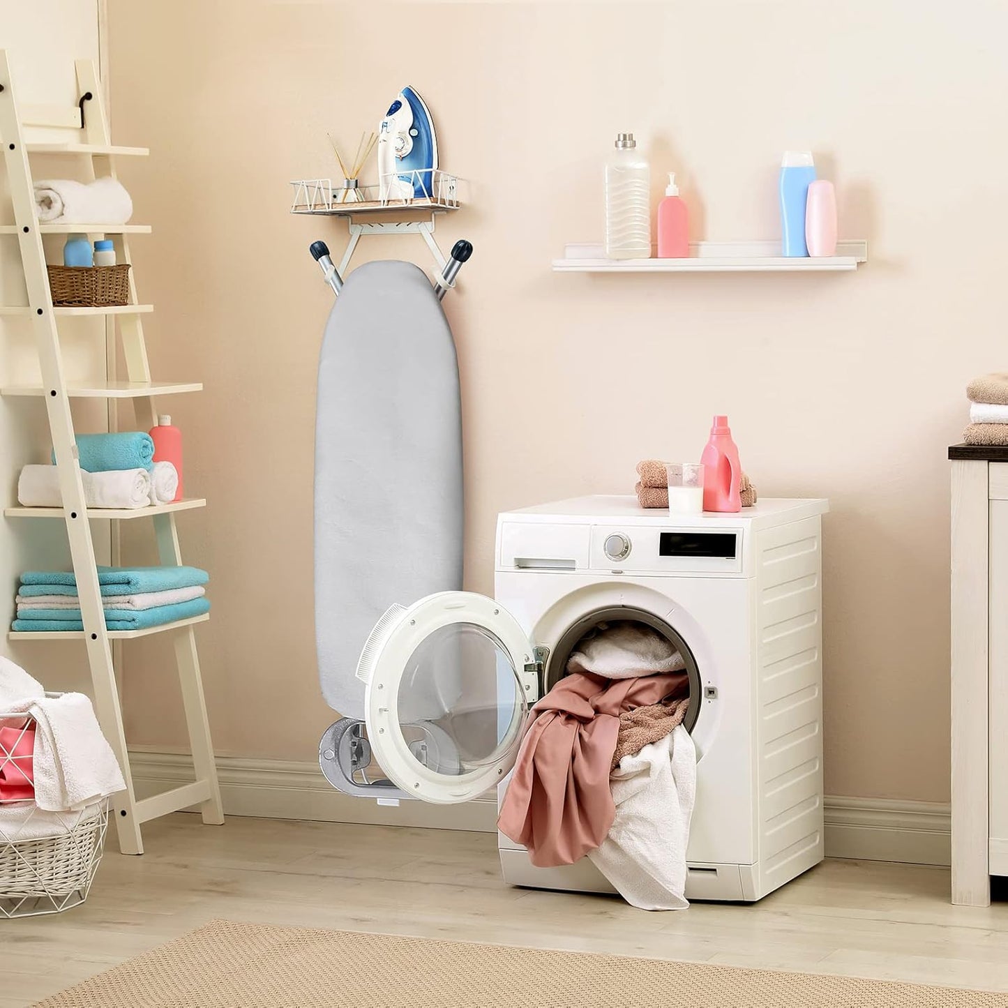 TJ.MOREE Ironing Board Hanger Wall Mount - Laundry Room Decor Iron and Ironing Board Holder with Large Storage Wooden Base Basket and Removable Hooks(T&V Shaped) Cream