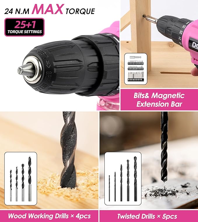 DOWELL 147 Pcs Pink Tool Kit with 12V Cordless Drill with 3/8" Keyless Chuck for Women, Home, Men, Built-in LED, Type-C Charge Cable