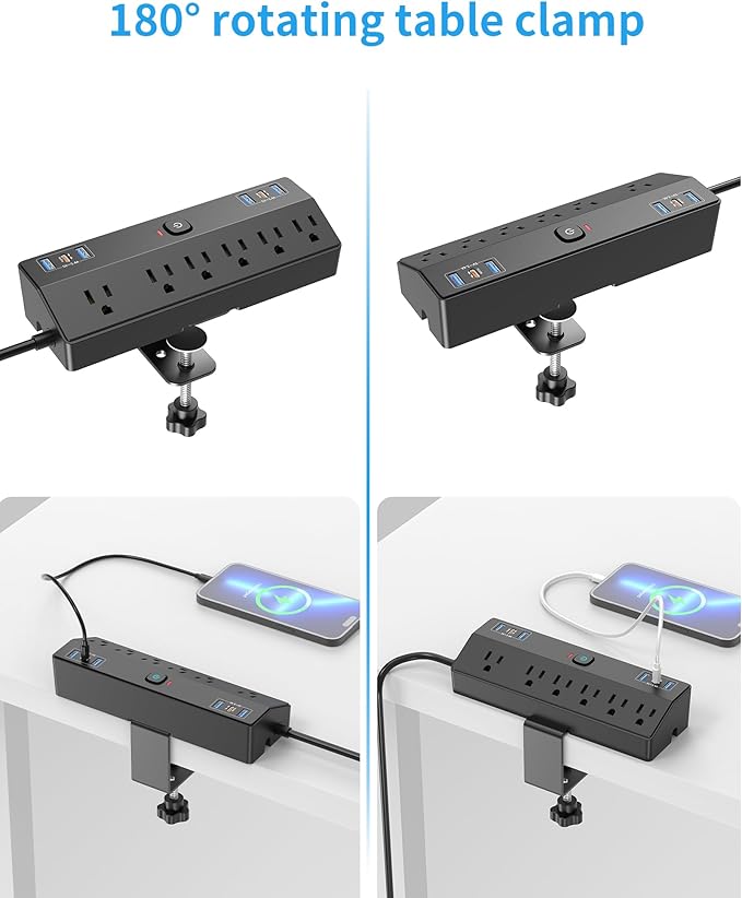Desk Clamp Power Strip 2 USB C Desktop Mount Outlet Charging Station, 10FT Extension Cord Flat Plug with 6 AC, Removable 40W Fast Charging Surge Protector Power Strip Fits 1.8" Office Tabletop Edge
