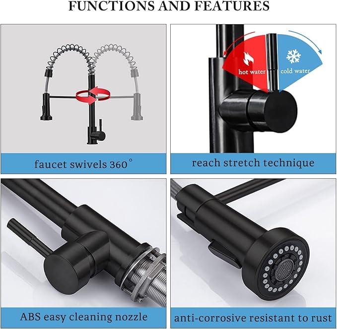 Kitchen Faucet with Pull Down Sprayer, Spring Single Handle Kitchen Sink Faucets Modern Black Pull-Out Spring Stainless Steel Kitchen Faucets for Camper Farmhouse RV Bar Kitchen Sinks