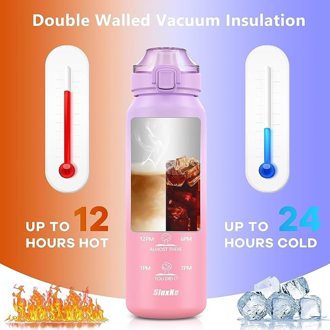 Sports Water Bottle 18/10 Stainless Steel 32oz with 2Lids, 1000ml Insulated Water Bottle Double Walled with Handle, Metal Canteen Keep Cold 48H Hot 24H for Men, Women & Kids