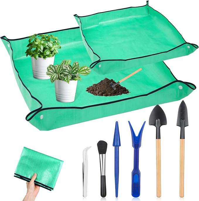 Plant Repotting Mat for Garden, 2 Pcs Waterproof Foldable Indoor Plant Mat Portable Square Gardening Mat Potting Tray with 6 Pcs Mini Garden Tools Set for Plant Lovers Gardening Gifts