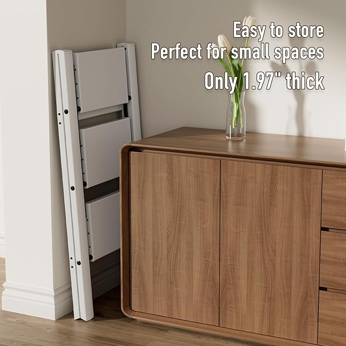 3 Step Ladder,Aluminum Folding Step Stool for Adults,Step Ladder with Wide Anti-Slip Pedal,330 lbs Capacity for Home,Office,Kitchen,Library(Grey)