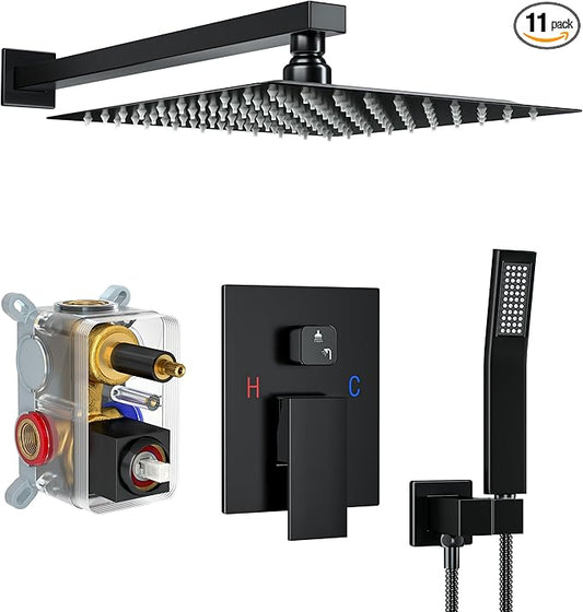 Shower Faucet Set, Shower System with 12 Inch Rain Showerhead and Handheld Shower, Wall Mounted High-Pressure Showerhead Combo Set Included Valve and Trim, Matte Black