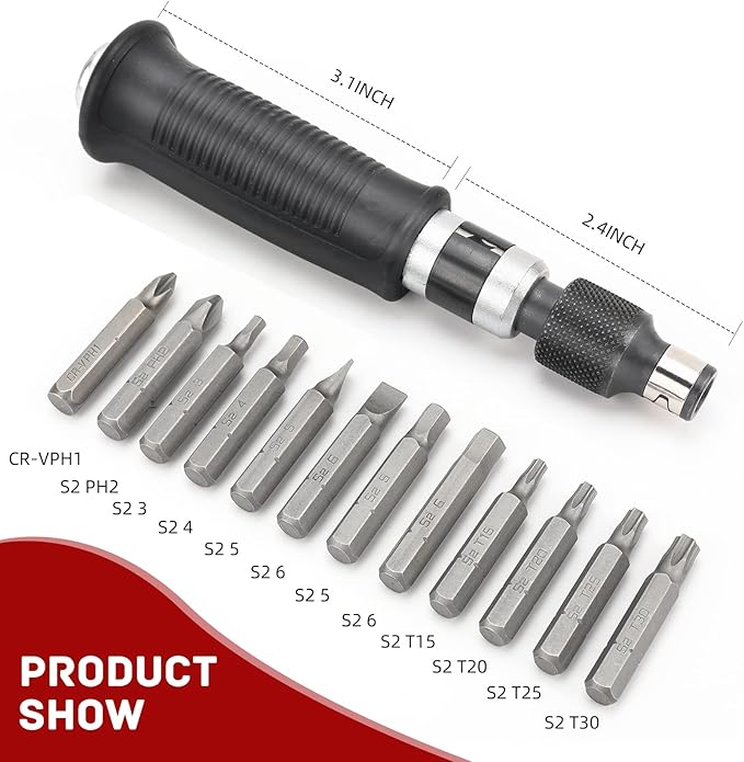 1/2" Hand Manual Reversible Impact Driver Set Extractor-12 PCS Impact Screwdriver S2 Steel Much More Durable Disengage Rusted Fasteners (1/4)