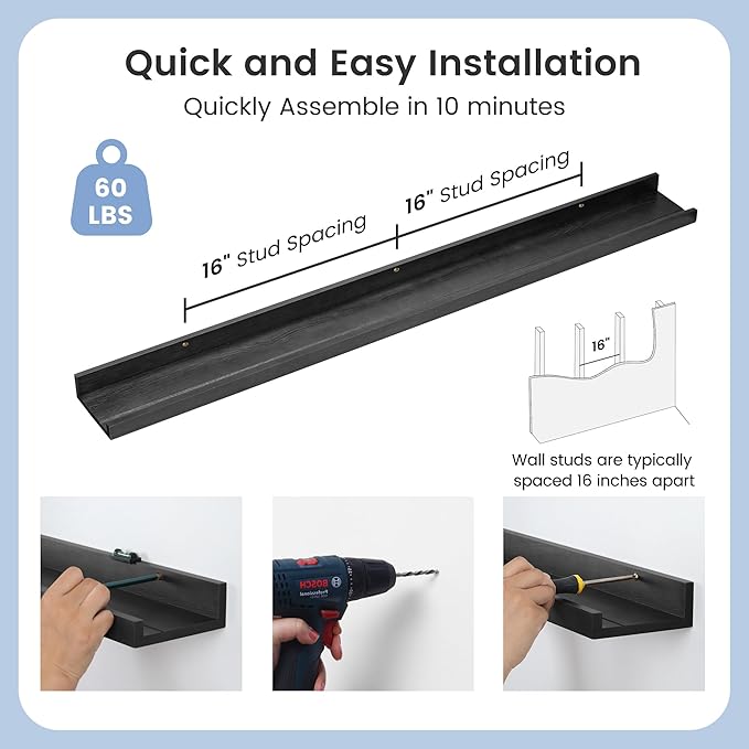 Picture Ledge Wall Shelves 48 inches Width Set of 3, Solid Pine Wood Rustic Floating Ledge Shelves for Wall for Kids' Room Bedroom Kitchen Bathroom Long Floating Shelves for Wall Decor, Black