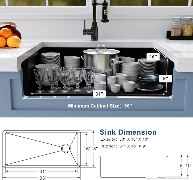 Black Undermount Kitchen Sink,16 Gauge Stainless Steel Sinks,Single Bowl Workstation Sink,Modern Kitchen Sink Offset Drain (33" X 18")