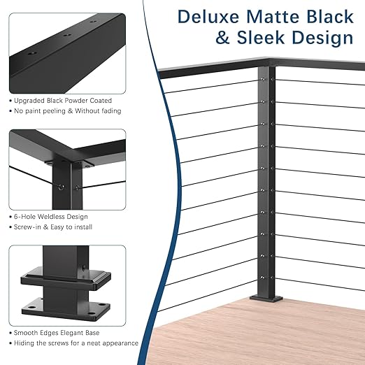 Economical 36" Corner Cable Railing Post, T-Drilled Three-Side Stainless Steel T304 Corner Rail Post, Upgraded Black One-Post Corner Solution, Wire Metal Post for Indoor Outdoor Corner Railing