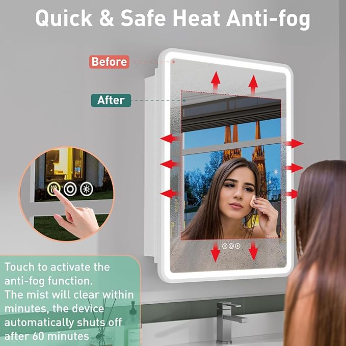 20x28 Inch Medicine Cabinet with Mirror, Recessed or Surface Mount Bathroom Medicine Cabinet with LED Lights, Anti-Fog, Memory Function, Adjustable Shelf, Dimmable Light, ETL Listed, White,Left Hinge