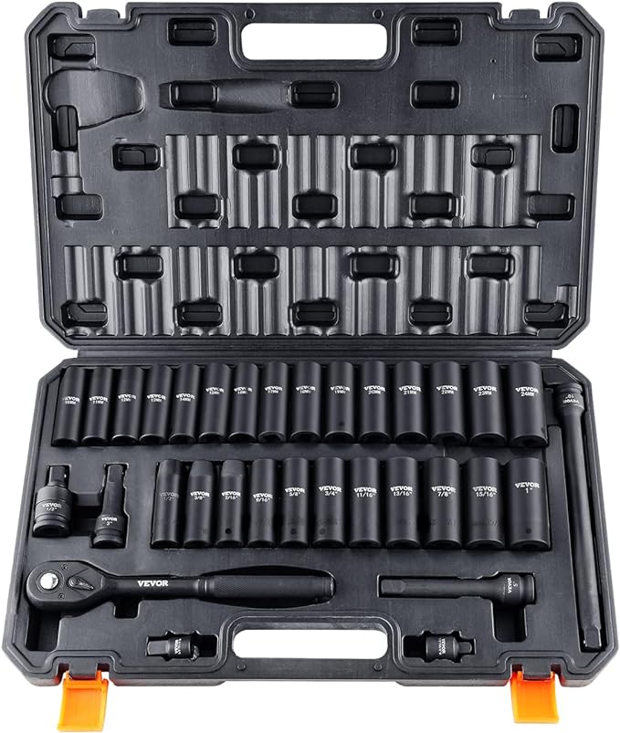 VEVOR Impact Socket Set 1/2" Drive, 33-Piece SAE (3/8 to 1 inch) & Metric (10 to 24 mm) Size, CR-V, 6 Point Standard Deep Socket Set with Extension Bar, Universal Joint, Adapter, Reducer