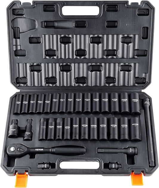 VEVOR Impact Socket Set 1/2" Drive, 33-Piece SAE (3/8 to 1 inch) & Metric (10 to 24 mm) Size, CR-V, 6 Point Standard Deep Socket Set with Extension Bar, Universal Joint, Adapter, Reducer