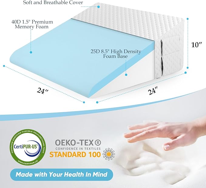 Forias Wedge Pillow for Sleeping,10" Bed Wedge Pillow for After Surgery,Acid Reflux,Snoring,Memory Foam Top Triangle Pillow Wedge with Breathable Removable Cover