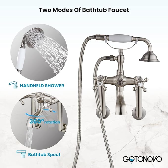gotonovo Clawfoot Bathtub Faucet Tub Filler with Hand Held Shower Faucet Set Victorian Double Cross Handle 6 Inch Center Adjustable Swing Arms Tub Mount Long Adapter Brushed Nickel
