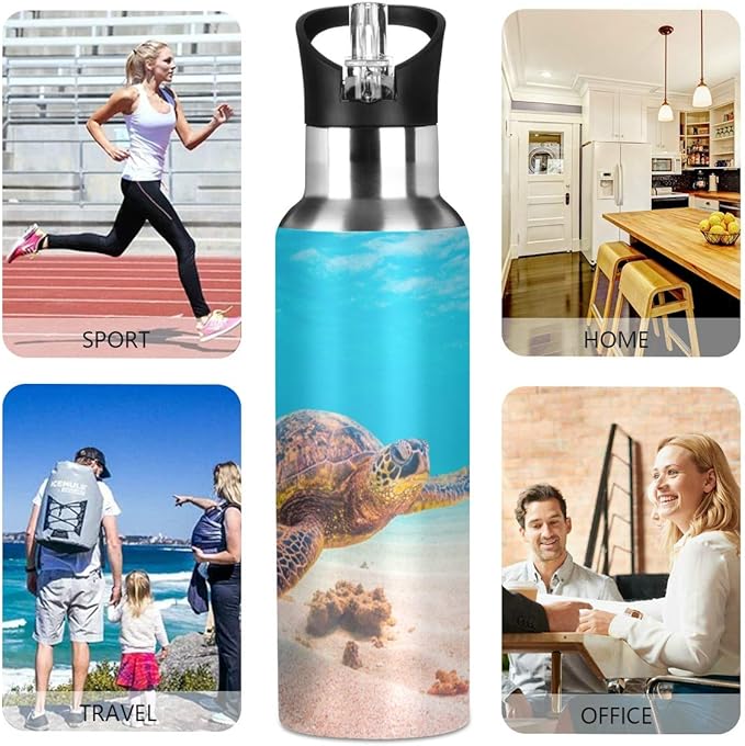 Blueangle 22oz Hawaiian Green Sea Turtle Water Bottle, BPA Free Stainless Steel Water Bottle Leak-Proof Sports Bottle for Camping Workouts Gym and Outdoor Activity