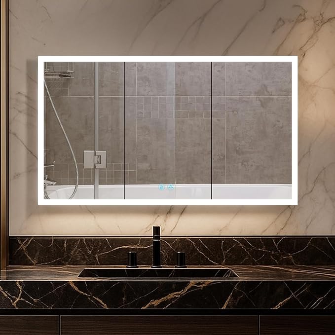 Blossom LED Lighted Mirror Medicine Cabinet, 48x32 Inch | Wall Mounted Recessed or Surface Bathroom LED Medicine Cabinet with Mirror, Makeup Mirror with Lights | Defogger, 3 Color Dimmer