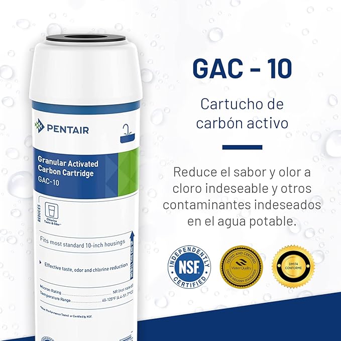 Pentair Pentek GAC-10 Carbon Water Filter, 10-Inch, Under Sink Granular Activated Carbon (GAC) Replacement Cartridge, 10" x 2.5" , Blue