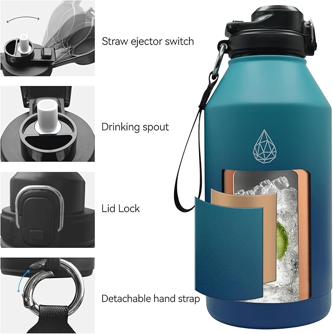 64 oz Insulated Water Bottle With Straw Pop-up & Auto Spout Lid, Flex Handel, Waterbottle Strap Carrier, Half Gallon Stainless Steel Water bottle (Green-Blue Gradient)