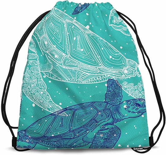 Gym Backpack Sea Turtles Volleyball Bag Sports Backpack Marine Life Line Drawing White Bubble Green Background 14x16.9 Inch