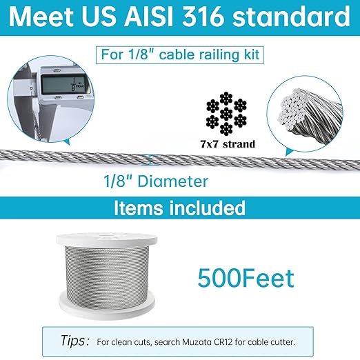 Muzata 500 ft 1/8" Stainless Steel Cable Railing System Hardware T316 Stainless Steel Wire Rope 7x7 Strands 1800 lb Breaking Strength Deck Cable Railing Kit for Indoor Outdoor Coastal WR02