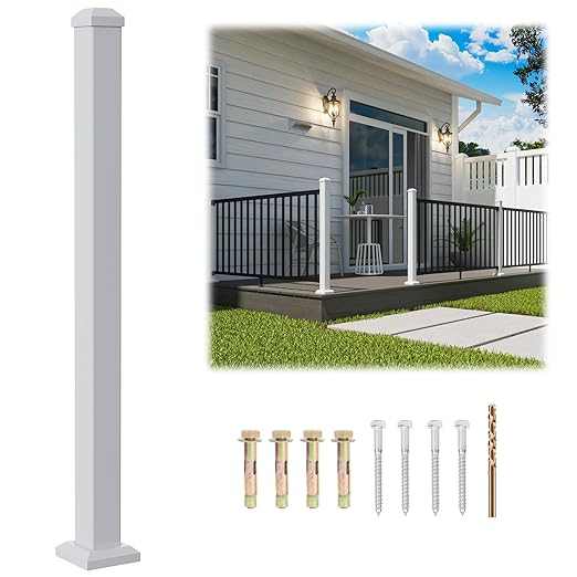 2.56 in x 2.56 in x 39 in White Aluminum Deck Railing Post with Screws & Drill, Outdoor Textured Powder-Coated Finish Stair Railing Post for Decks, Porches & Balconies (1x 39in Post)