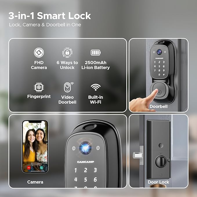 Smart Lock with Camera & Doorbell, 3-in-1 Smart Deadbolt for Front Door, Fingerprint Keyless Entry Door Lock with Live View, Video Smart Lock Built-in Wi-Fi, Auto Lock, Siri Unlock, IP66 Waterproof