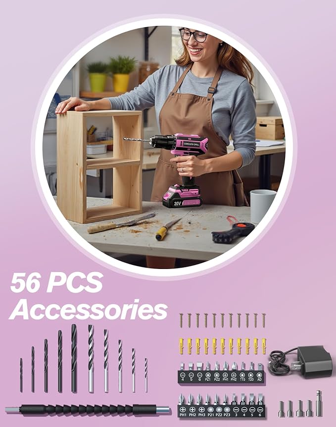 Pink Cordless Drill Set, 20V Max PowerDrill for Women, Lightweight ElectricDrill with Dual Power Pack and Charger, 25 Position and 56 Pcs Accessoires, Womens Drill Tools Kit for House