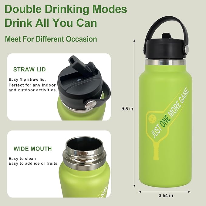 Pickleball Water Bottle 32 oz, Gifts for Pickleball Lovers, Wide Mouth Vacuum Insulated Sports Bottle with 2 Leakproof Lids, Stainless Steel Cup with Straw for Cold Drinks