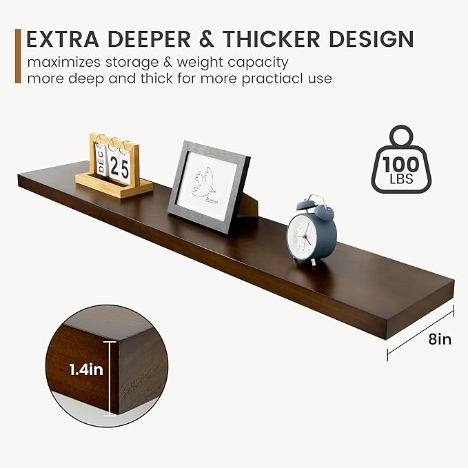 48 Inch Fireplace Mantel - 8 Inch Deep Rustic Premium Solid Pine Wood Floating Shelf - Farmhouse Wall Mounted Display Shelf - Heavy-Duty Metal Bracket - 48"W x 8"D - Set of 1 - American Walnut Color