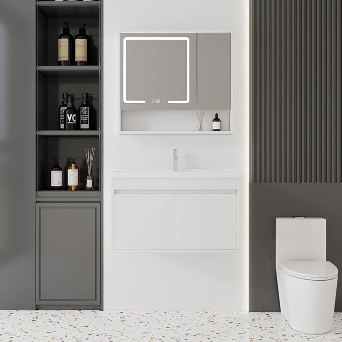 32'' Bathroom Vanity with Ceramic Sink Combo and Medicine Cabinet Mirror with Led Light/Defog, Wall Mounted Small Bathroom Vanity with Soft-Close Door Modern Floating Cabinet, White(No Faucet)