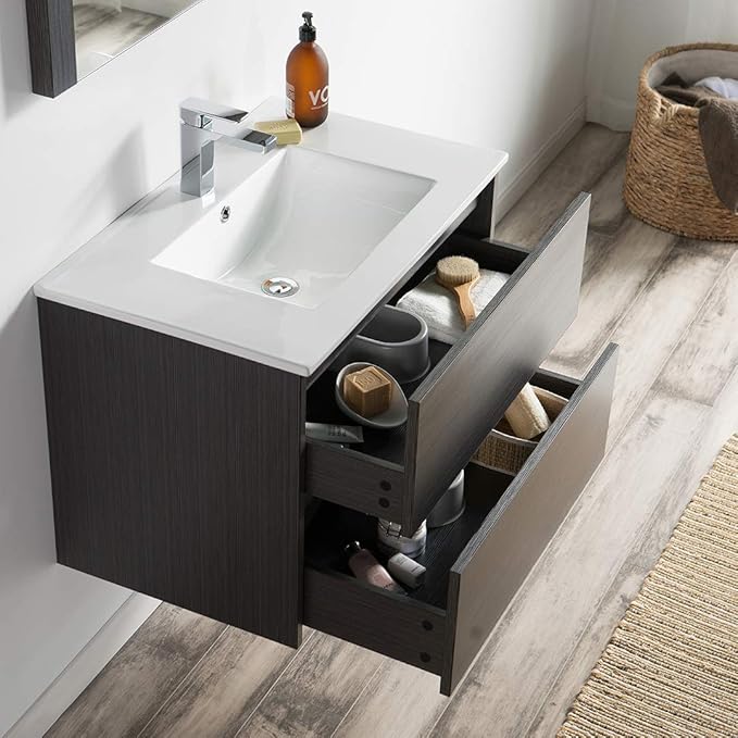 Blossom Single Bathroom Vanity with Ceramic Sink and Mirror | All Wood Floating Vanity Cabinet | 2 Soft-Closing U-Shaped Cutout Drawers | 30" w/Ceramic Sink and Mirror, Silver Grey