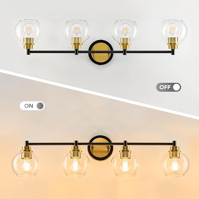 VONLUCE Bathroom Light Fixtures, 4-Light Vanity Lights with Globe Glass Shades, E26 Sockets, Over Mirror for Bedroom Hallway, Black & Gold Finish