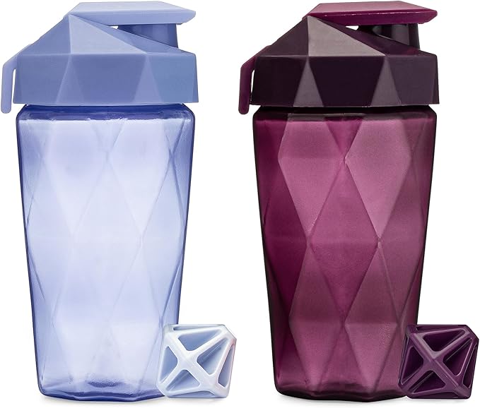 Classic 20oz Blender Shaker Bottle | Protein Shaker Bottle with Diamond Agitator | Shaker Cup with Carrying Handle and Dishwasher Safe | 2-Pack - Light Blue & Plum