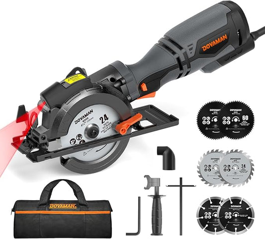 Circular Saw, 5.8A 4-1/2" Circular Saw w/Laser, Metal Auxiliary Handle, 6 Blades (4½", 4¾"), Cutting Depth 1-11/16" (90°), 1-3/8" (45°), Ideal for Wood, Soft Metal, Plastic, Tile - MCS01A