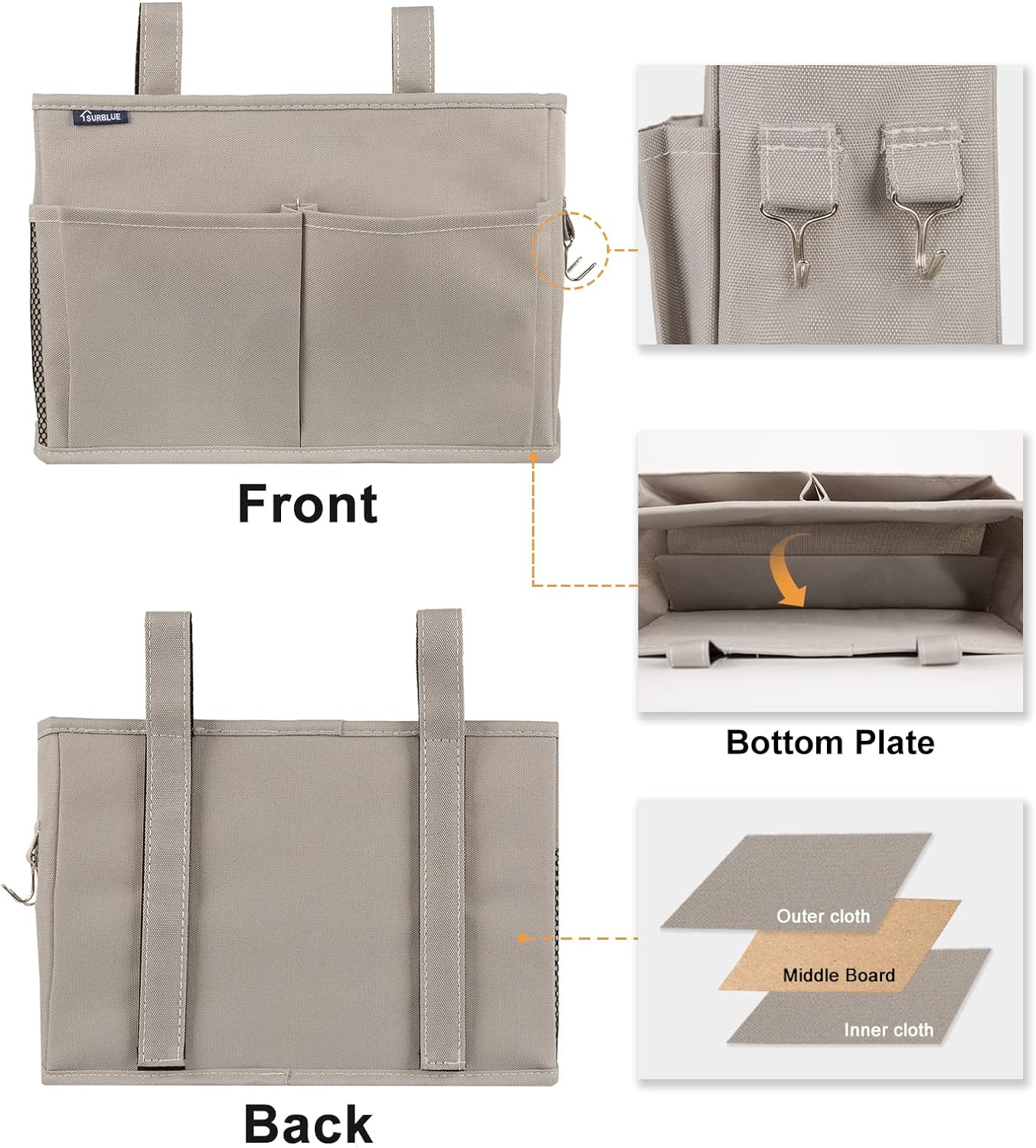 Surblue Bedside Caddy Hanging Bed Organizer Storage Bag Pocket for Bunk and Hospital Beds, College Dorm Rooms Baby Bed Rails,Camp 4 Pockets and 2 Hooks (Gray)