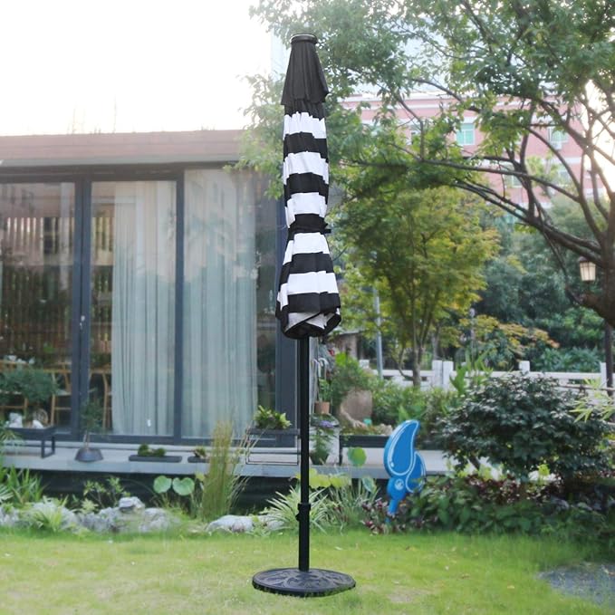 Sunnyglade 9' Solar 24 LED Lighted Umbrella with 8 Ribs Adjustment and Crank Lift System for Patio - Black and White